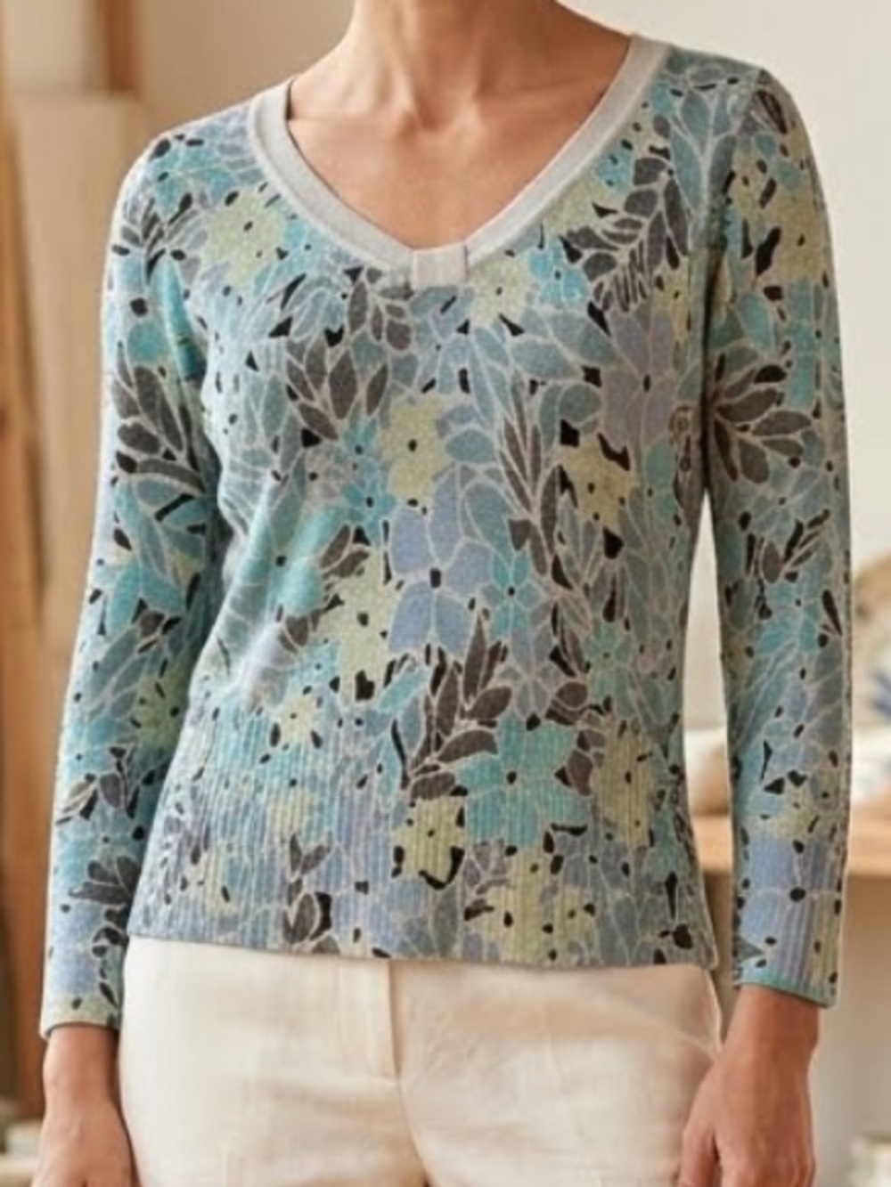 Vintage Sigrid Olsen Silk Blend Floral V-Neck Top Knit Sweater Blue Green L